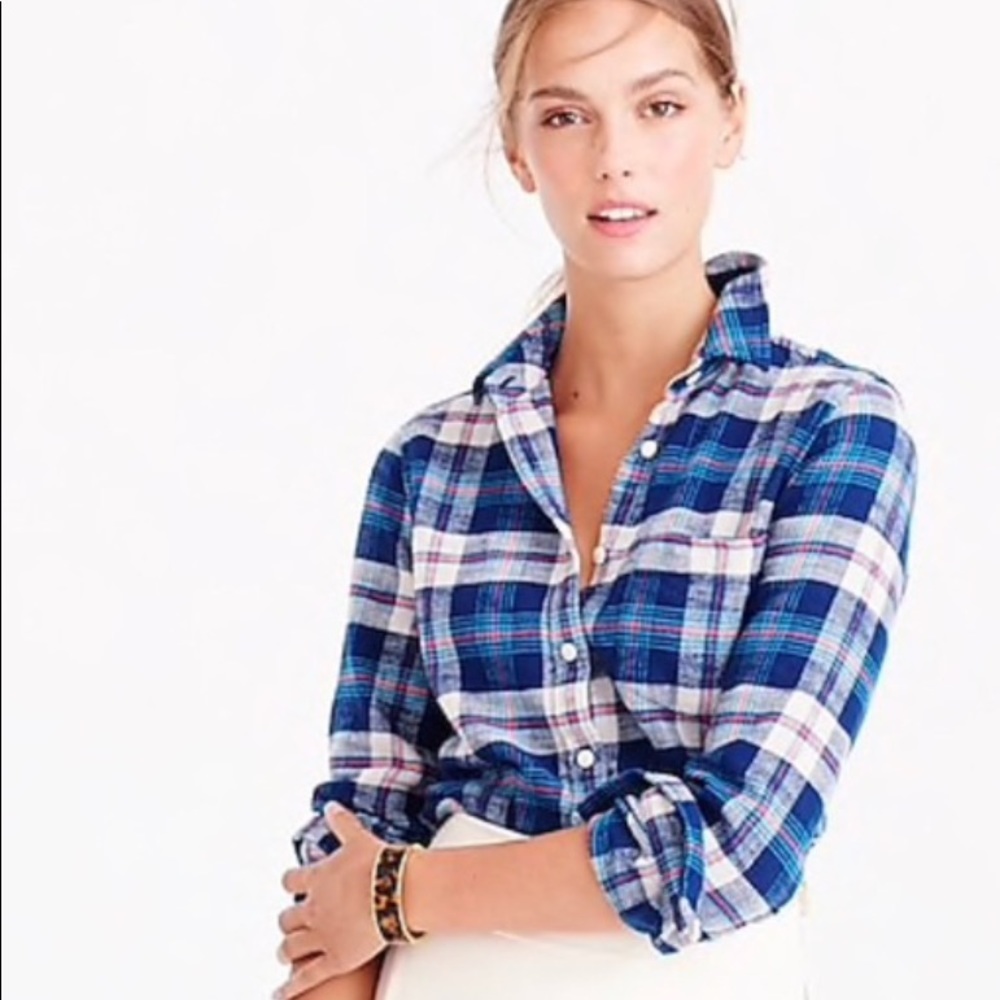 Jcrew Shrunken boy shirt in coral blue plaid